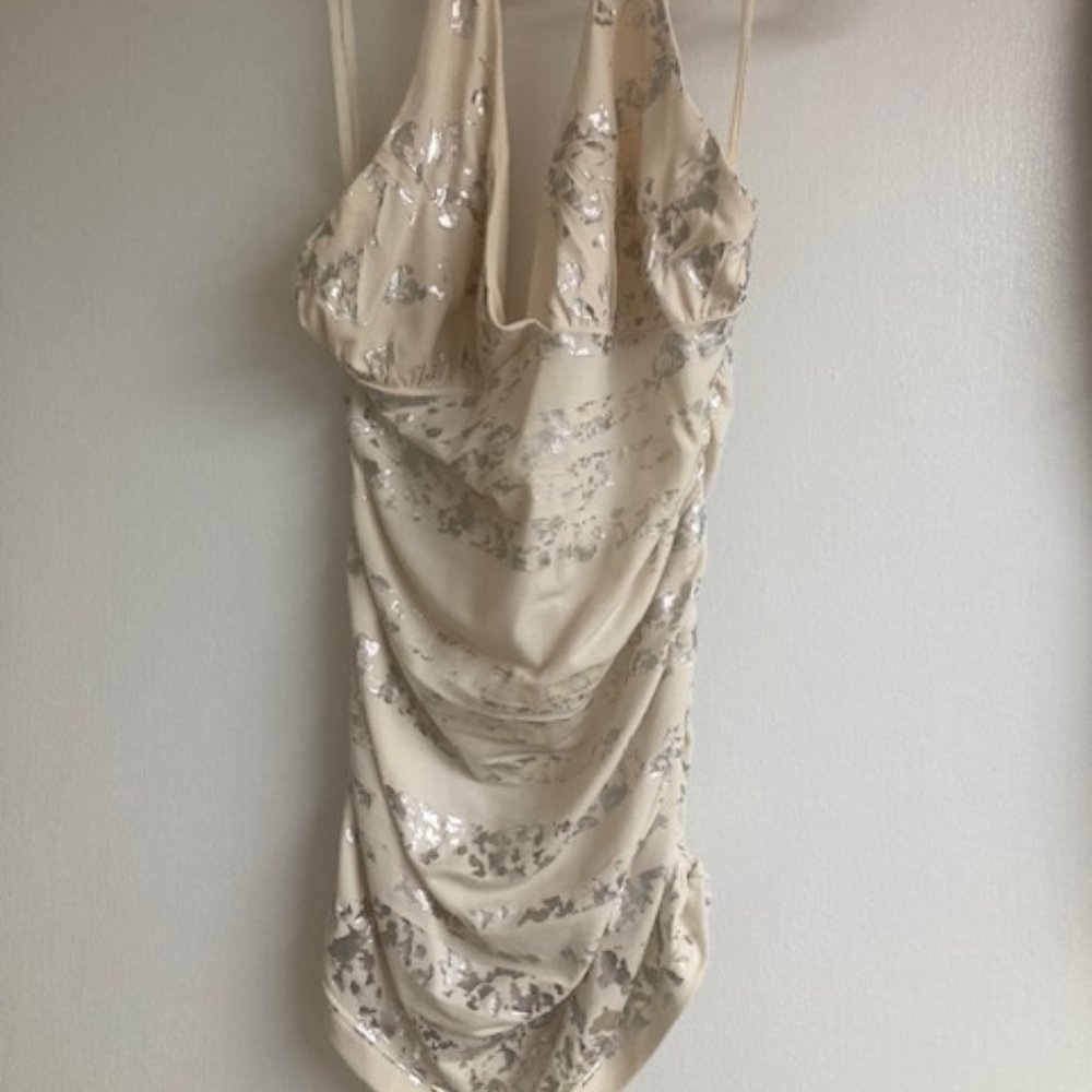 Womens Lipsy Tan Metallic ruched halter tank top M